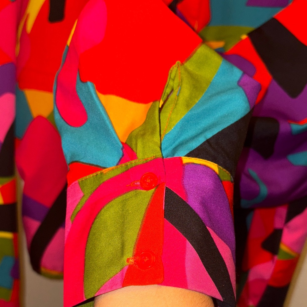 Colorful Abstract Print Cropped Button Up Blouse Retro Style Size 1X - Picture 5 of 8